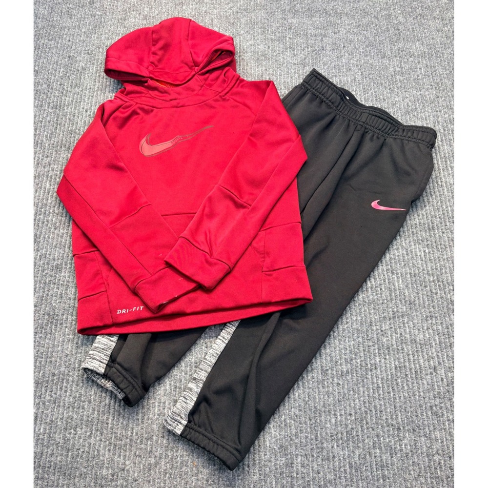 Nike Girls Dri-FIT Tracksuit Set Red Pullover Hoodie Black Joggers Size 6X